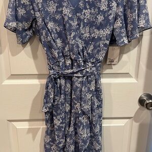 Floral Blue Wrap Ruffle Dress New w/Tags.